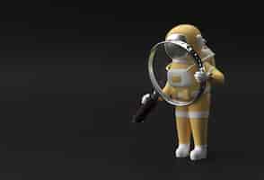 Free photo 3d render astronaut holding magnify glass on a black background