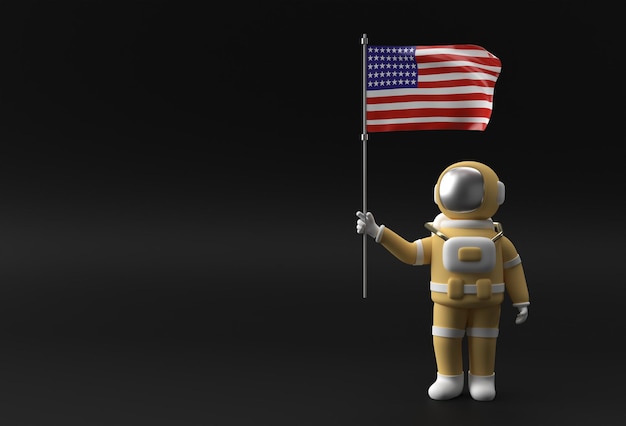 7월 4일 미국 독립 기념일 개념의 미국 국기를 들고 있는 3D 렌더링 우주 비행사
