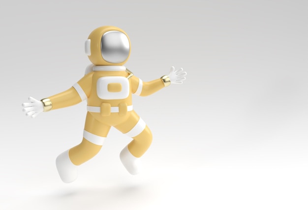 3Dレンダリング宇宙飛行士のジャンプアクション3Dイラストデザイン。
