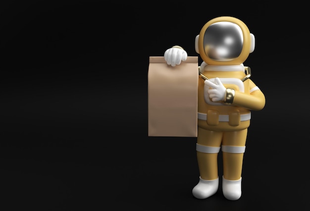 3d визуализации человек-космонавт, доставляющий пакет 3d иллюстрации дизайн.