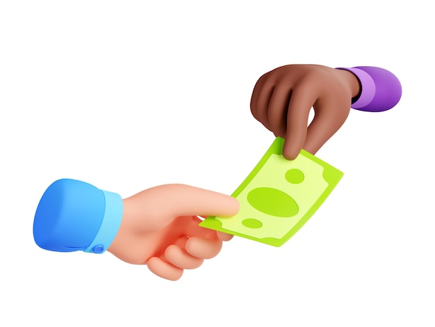 Free photo 3d render black hand giving money to white palm