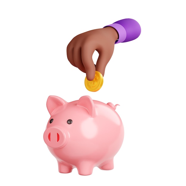 3d render black hand put gold coin into piggy bank