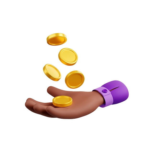 Бесплатное фото 3d визуализация черная рука с золотыми монетами падает на ладонь