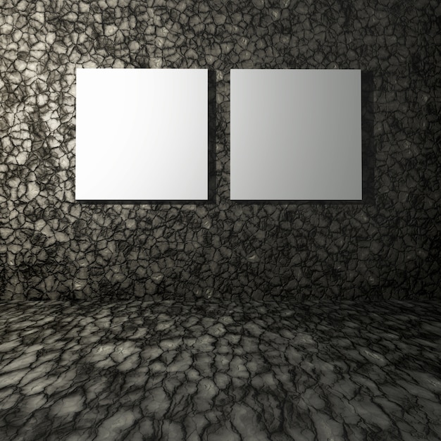 3d render of blank canvases in a stone room interior