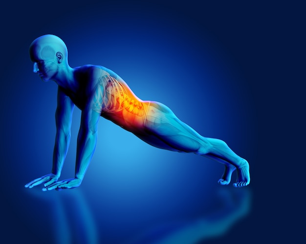 3D render of a blue male medical figure in the plank position