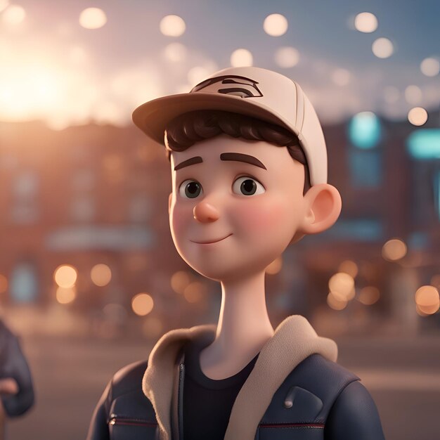 Free photo 3d render of a boy in a cap on a city street