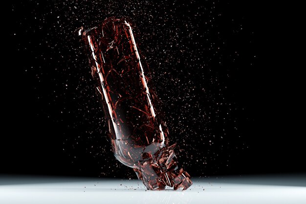 3d render of a broken brown beer a bottle with many fragments flying in different directions