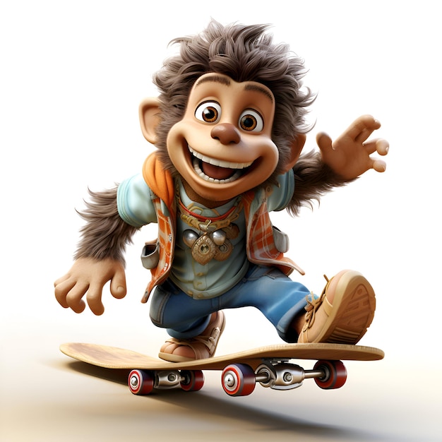 Foto gratuita rendering 3d di uno scimpanzé dei cartoni animati che cavalca uno skateboard
