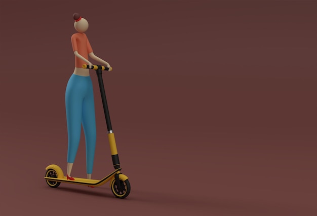 3D 렌더링 푸시 스쿠터를 타고 만화 여자 3D 아트 디자인 일러스트 레이 션.