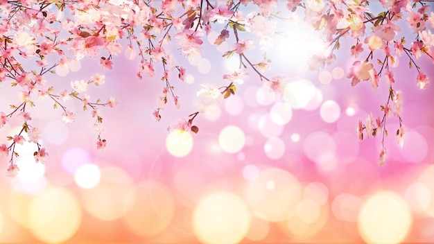 Rendering 3d di fiore di ciliegio sullo sfondo di luci bokeh