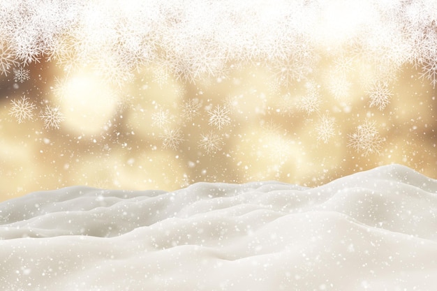 3D render of a Christmas background with snow on gold snowflake design