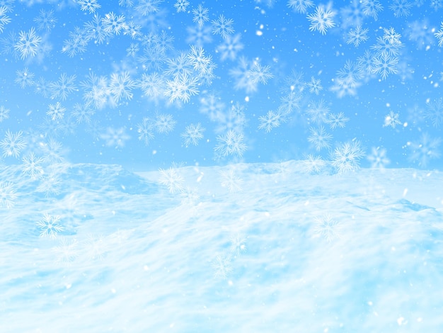 3D визуализация новогоднего фона со снежным пейзажем