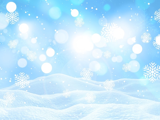 Free photo 3d render of a christmas landscape with falling snowflakes