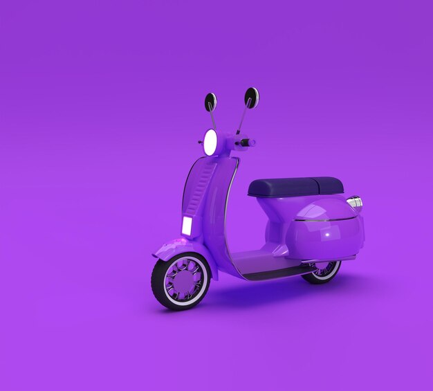紫の背景に3Dレンダリングクラシックモータースクーターの側面図