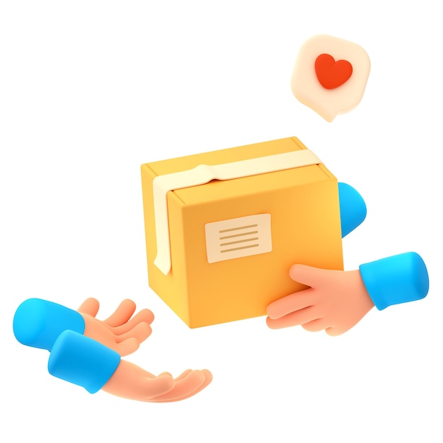 Foto gratuita le mani del corriere di rendering 3d danno la scatola di cartone al cliente