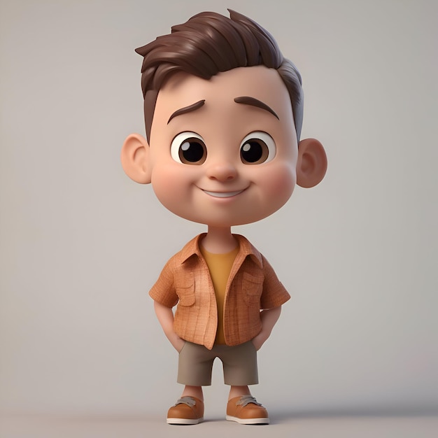 3d render of a cute little boy with brown shirt and brown jacket