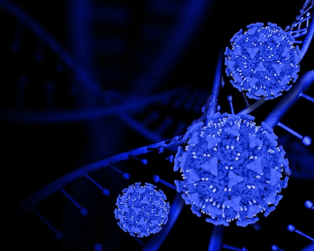 3D-рендеринг темной медицины с нитями ДНК и клетками Covid 19