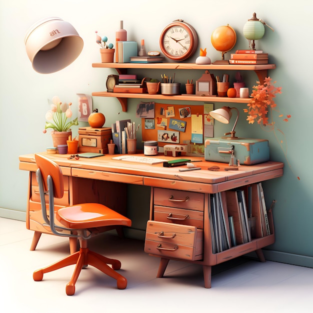 Free photo 3d render of a desk with books and decorations in a room