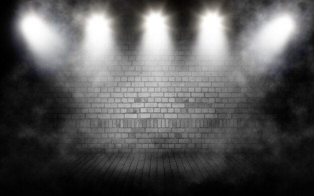 3D render of a display background with grunge smoky room interior with spotlights