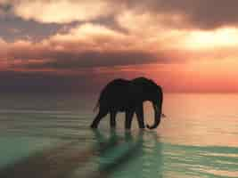 Free photo 3d render of an elephant walking in the ocean against a sunset sky