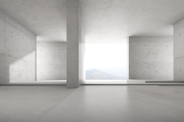 3d render of empty concrete room with large wall structure on nature background.
