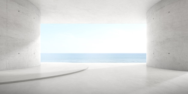 3d render of empty concrete room with large window on the sea background.