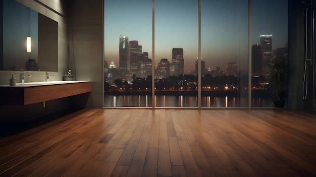 3d render empty modern bathroom with wooden flooring