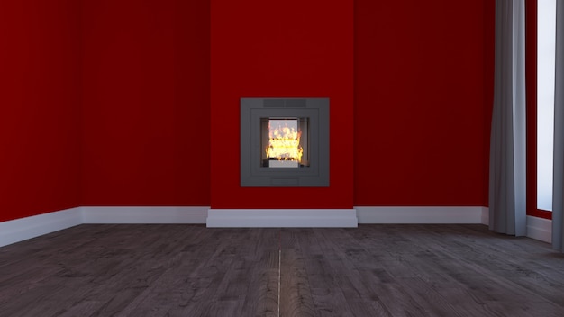 Free photo 3d render of an empty room with a roaring fire