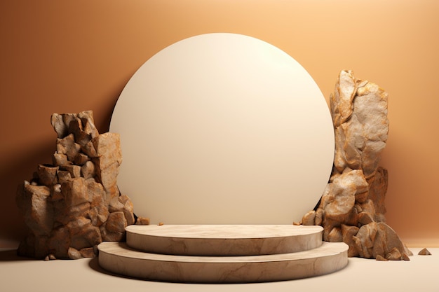 3D-рендер пустого круглого белого подиума для демонстрации продуктов, окруженного камнями