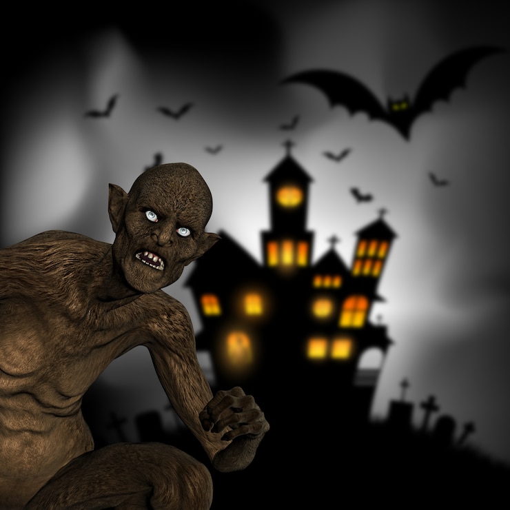 मुफ़्त फोटो 3d render of an evil demon on a defocussed halloween background