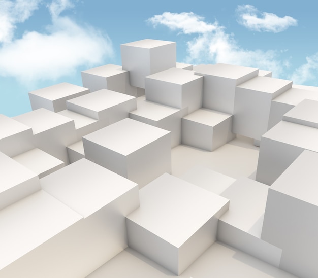 3D render of extruding cubes on blue sky background