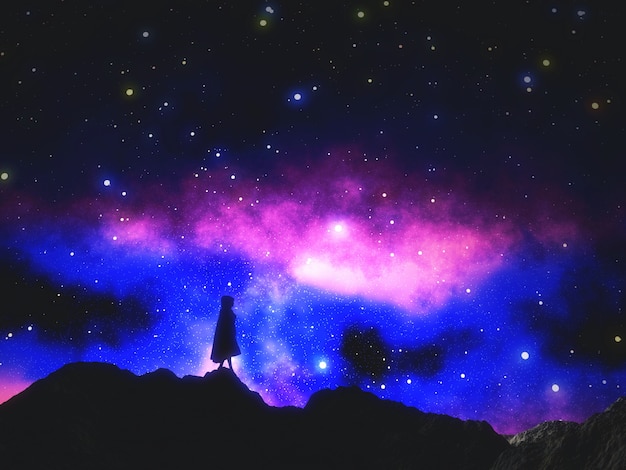 3d render of a female in cloak against a space sky