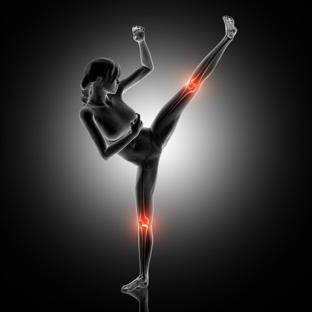 무릎 관절 강조 킥복싱 포즈에서 여성 그림의 3d 렌더링