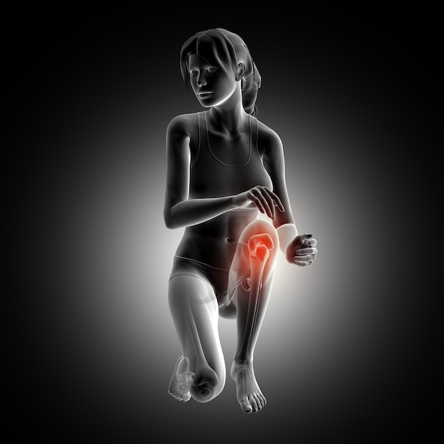 3d render of a female figure kneeling down with knee highlighted