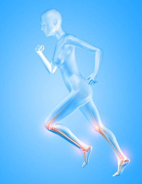 3D render of a female figure running with knee and ankle bones highlighted