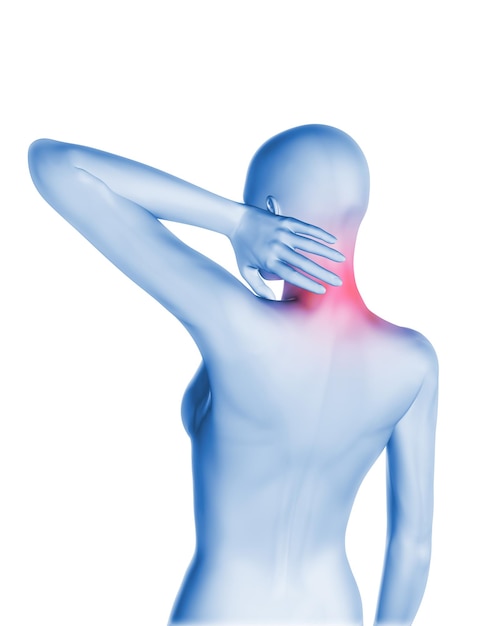 3D render of a female figure with neck pain