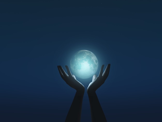 3D render of female hands cupping the moon