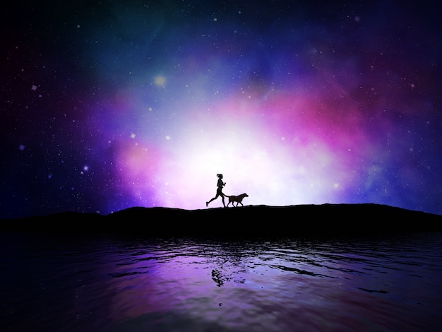 Foto gratuita 3d rendering di una donna jogging con il suo cane contro un cielo spaziale