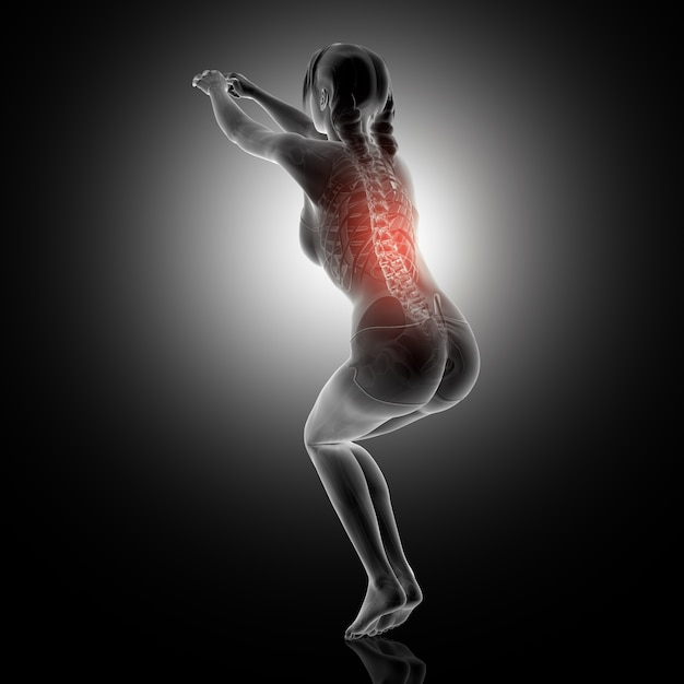 Foto gratuita 3d rendering di una femmina in posizione squat con spina luminosa evidenziata