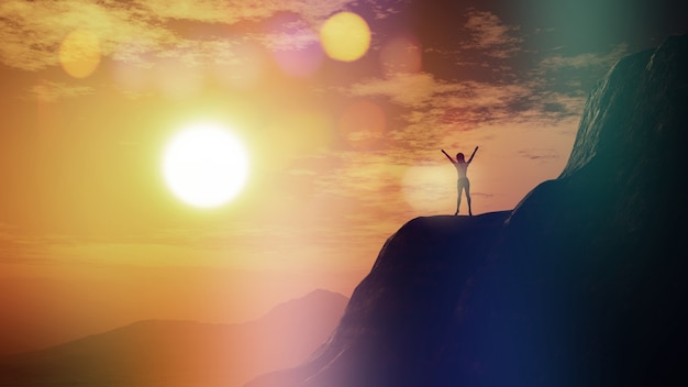 Free photo 3d render of a female with arms raised on a cliff against a sunset sky