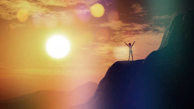 3d render of a female with arms raised on a cliff against a sunset sky