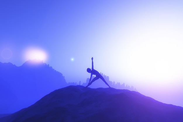 Free photo 3d render of a female in yoga position on mountain against a sunset sky