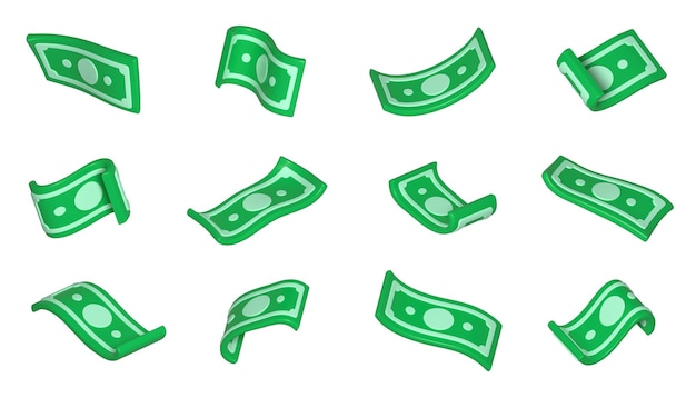 3d render flying banknotes isolated money set