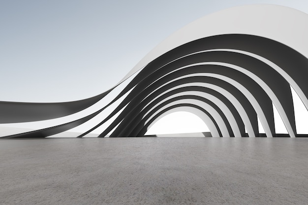 3d render of futuristic concrete architecture with car park, empty cement floor.