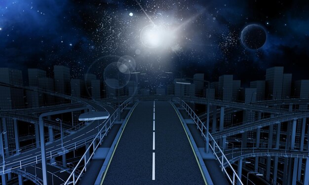 우주 하늘이 있는 도시의 미래 고속도로의 3D 렌더링