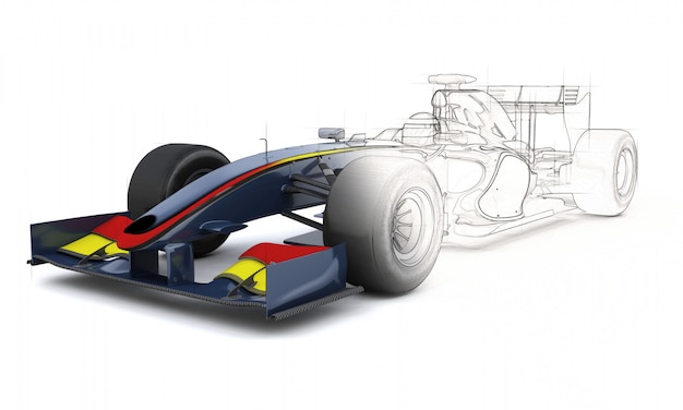 3D Render of a Generic racing car with half in sketch preview