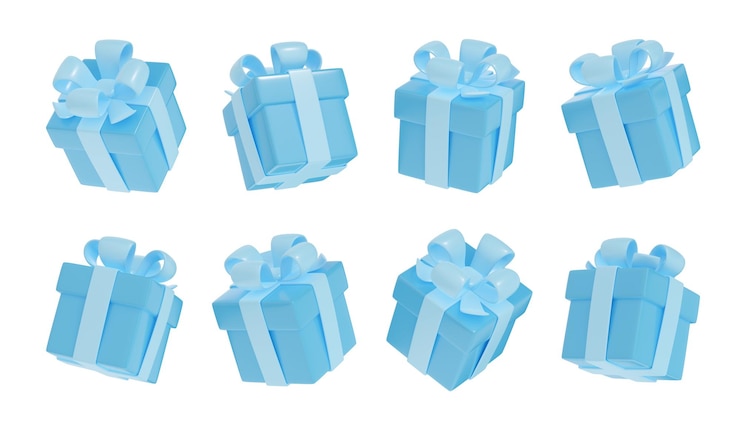 Free Photo 3d render gift box with blue ribbon packages set