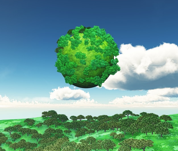 3d render of a globe of trees over a grassy landscape