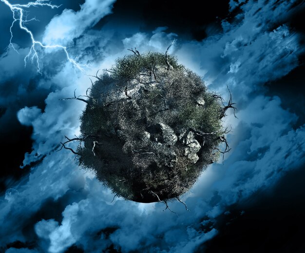 3d render of a globe with dead trees and bushes in a stormy sky with lightening