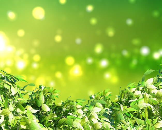 3D render of green leaves on a sunny bokeh lights background